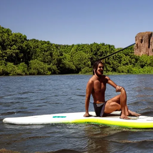 Prompt: a view of a human - sized lemur on a stand up paddleboard floating down the middle of a river with cliffs on either side, digital art