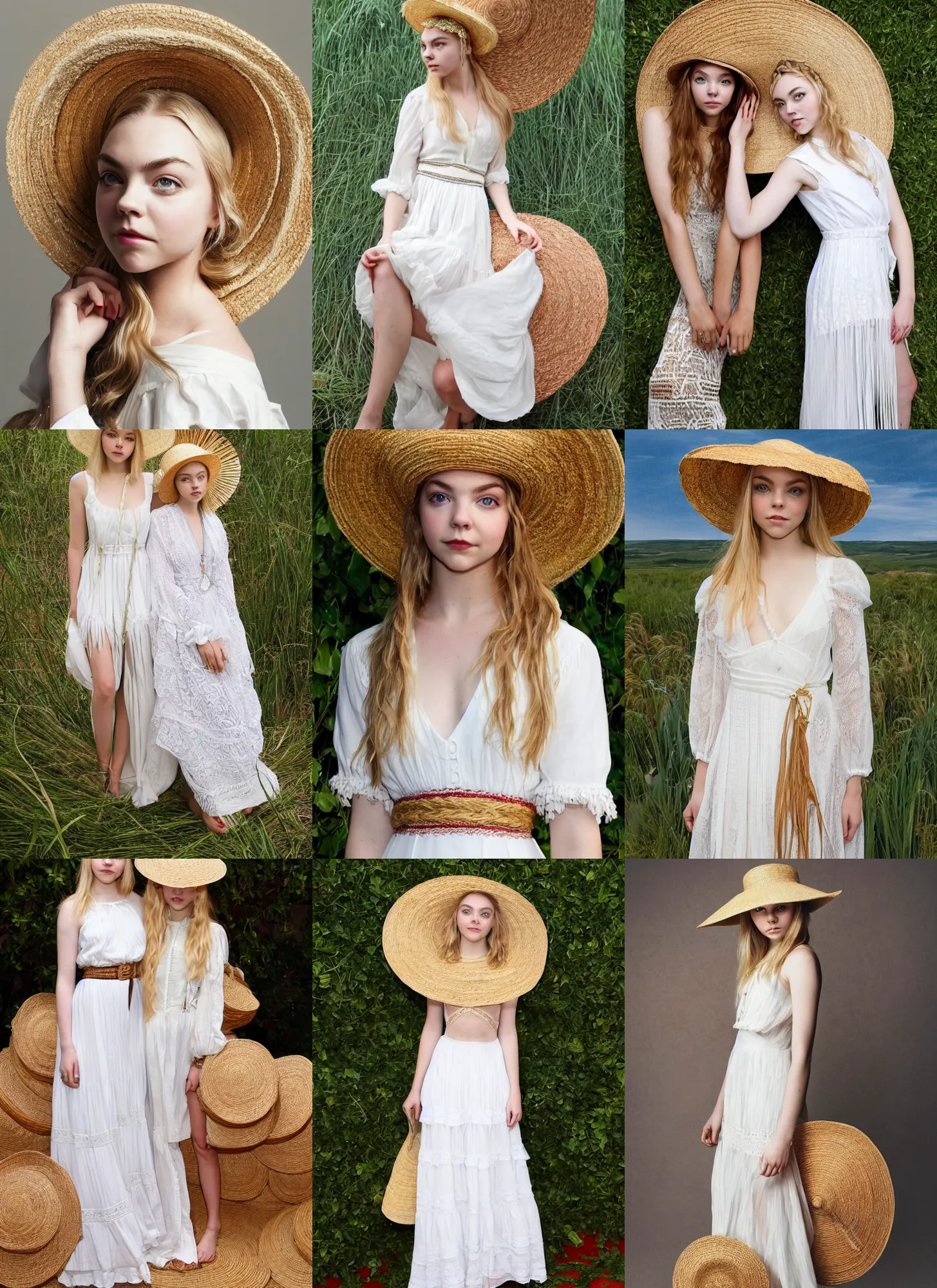 Prompt: anya taylor - joy, annasophia robb, mucha portrait, wearing huge straw hat, symmetrical, long braided blond hair, white dress, mucha