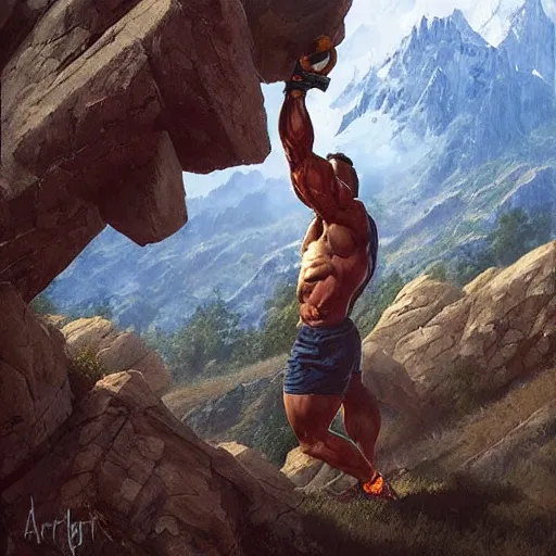 Image similar to arnold schwarzenegger lifting a literal mountain, highly detailed, shallow depth of field, art by artgerm and greg rutkowski