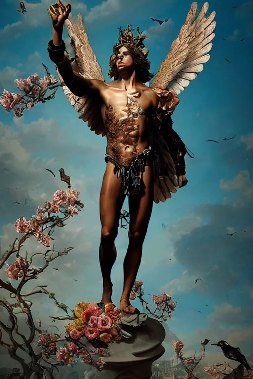 Prompt: a young handsome Spanish prince in a full-body bronze cyberpunk style statue of Icarus posed like a bird, crown of peach roses, flowing teal-colored silk, fabric, flowers. baroque elements, human skull. full-length view. baroque element. intricate artwork by caravaggio. many many birds birds on background. Trending on artstation, octane render, cinematic lighting from the right, hyper realism, octane render, 8k, depth of field, 3D