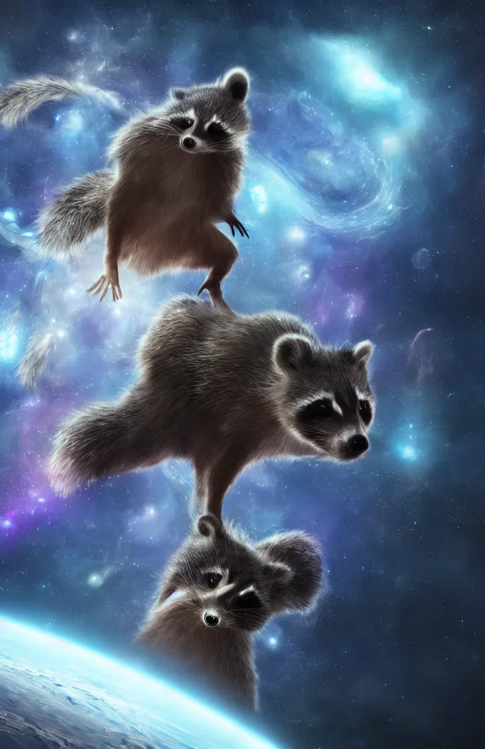 Image similar to A digital concept art painting a space cosmic racoon in the stars 4K UHD image, unreal engine