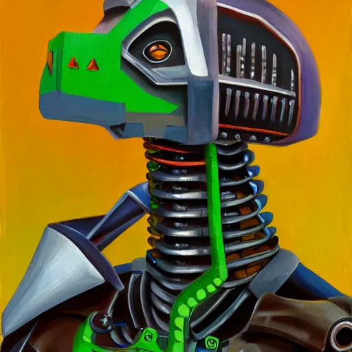 Image similar to half robot half dinosaur, oil painting