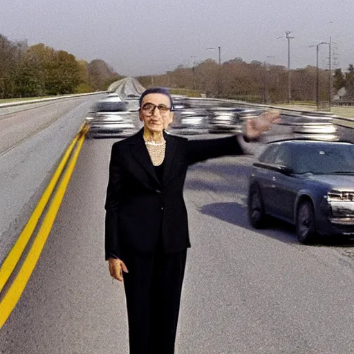 Prompt: ruth bader ginsburg standing in the middle of a highway, dashcam footage, accident