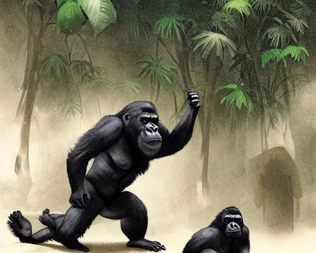 Image similar to a gorilla playing volleyball in a jungle, in the style of greg rutkowski