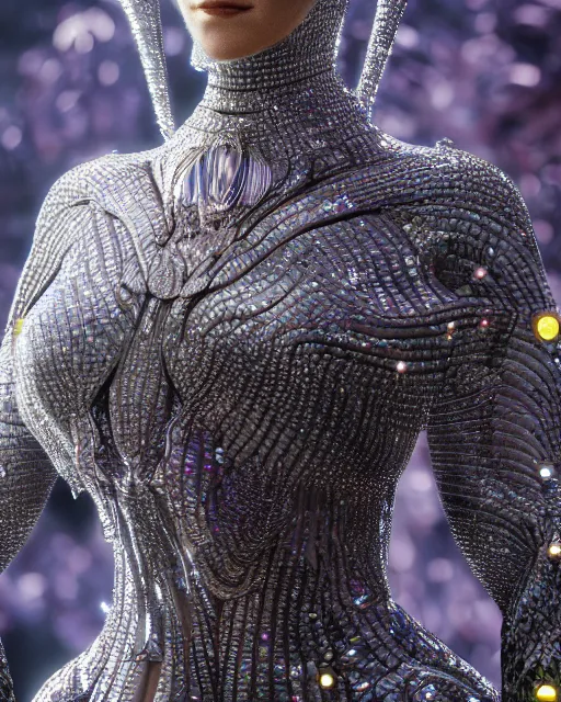 Prompt: a highly detailed metahuman 4 k close up render of an alien goddess bella hadid monument techno in iris van herpen dress schiaparelli in diamonds crystals swarovski and jewelry iridescent in style of alphonse mucha gustav klimt trending on artstation made in unreal engine 4