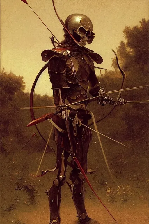 Image similar to portrait of a skeleton archer with bow and arrow in the middle world, wearing helmets with wings, wearing european style armor, holding a sword in both hands, symmetrical, solemn, sacred, aura, by bouguereau