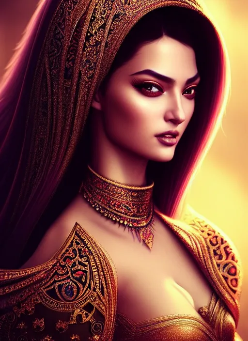 Prompt: portrait of arabic princess, intricate, technology, sharp focus, octane render, realistic, detailed, beautiful, unreal engine, symmetrical!!, maybelline, sephora, loreal, artstation, art by artgerm, rossdraws, art by karol bak, makeup by pat mcgrath, cinematic, concept art, filmic, vsco