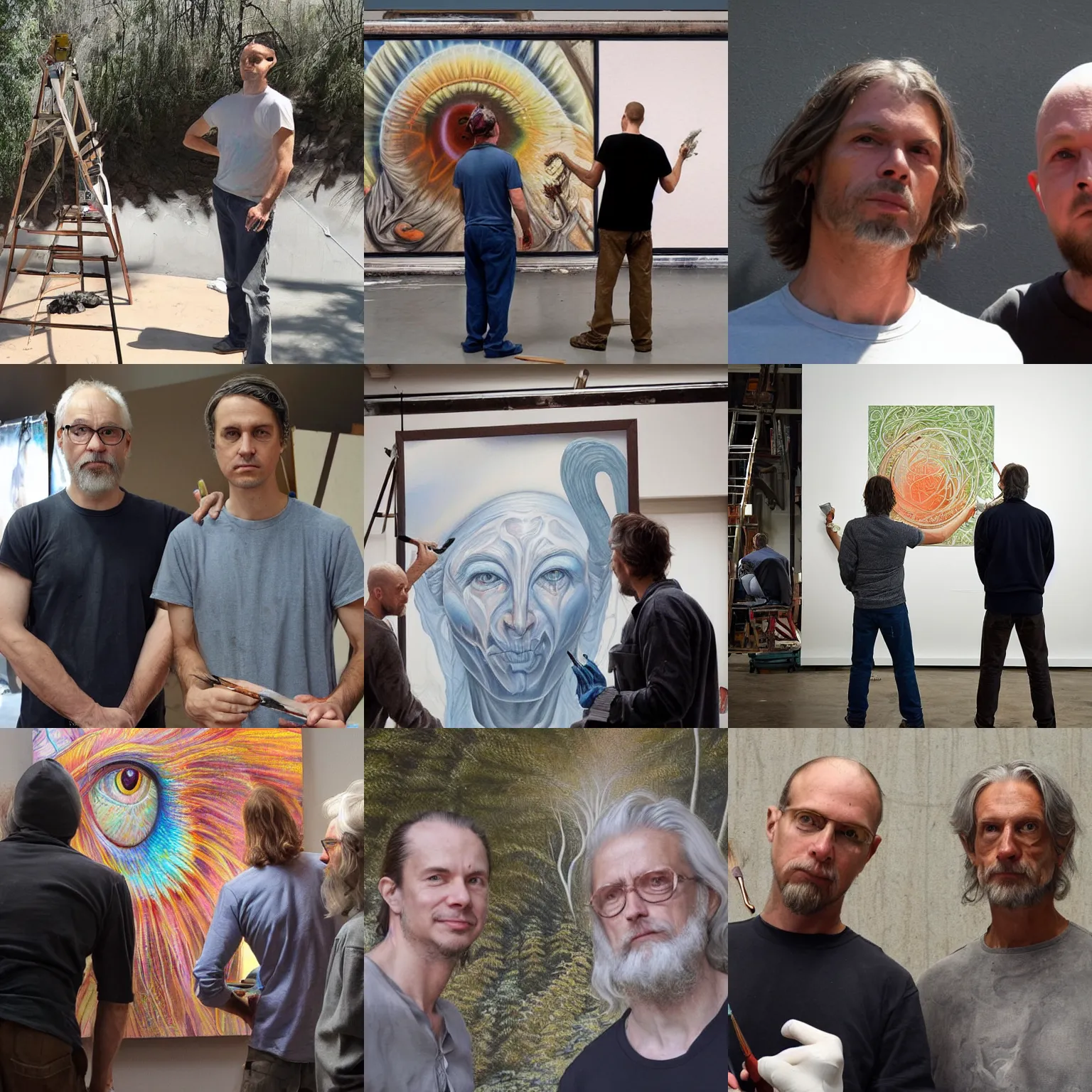 Prompt: painters Alex Grey together with painter Greg Rutkowski looking in the camera at the people who stole their job