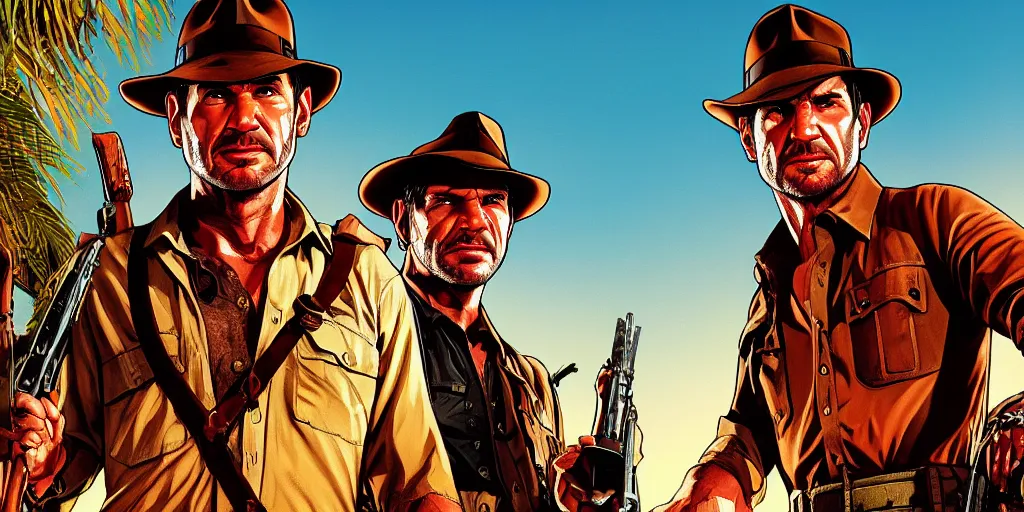 Image similar to indiana jones by himself in gta v, cover art by stephen bliss, boxart, loading screen. 8 k resolution