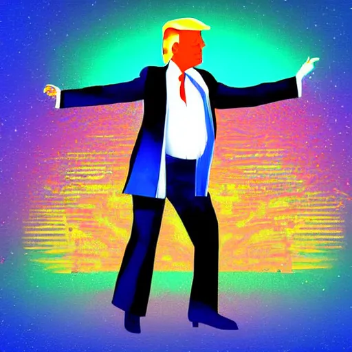 Image similar to digital art of Donald trump dancing in a (((((((synthwave)))))))) costume