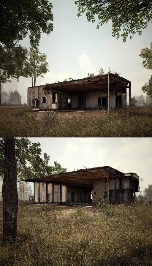 Prompt: a beautiful photorealistic rendering of building urbex abandoned ranch - style by b. v. doshi, architecture island, archdaily, wallpaper, highly detailed, trending on artstation.