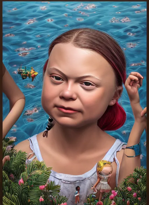 Image similar to closeup profile portrait of tin toy greta thunberg wearing a bikini, depth of field, zeiss lens, detailed, symmetrical, centered, fashion photoshoot, by nicoletta ceccoli, mark ryden, lostfish, breathtaking, 8 k resolution, extremely detailed, beautiful, establishing shot, artistic, hyperrealistic, octane render