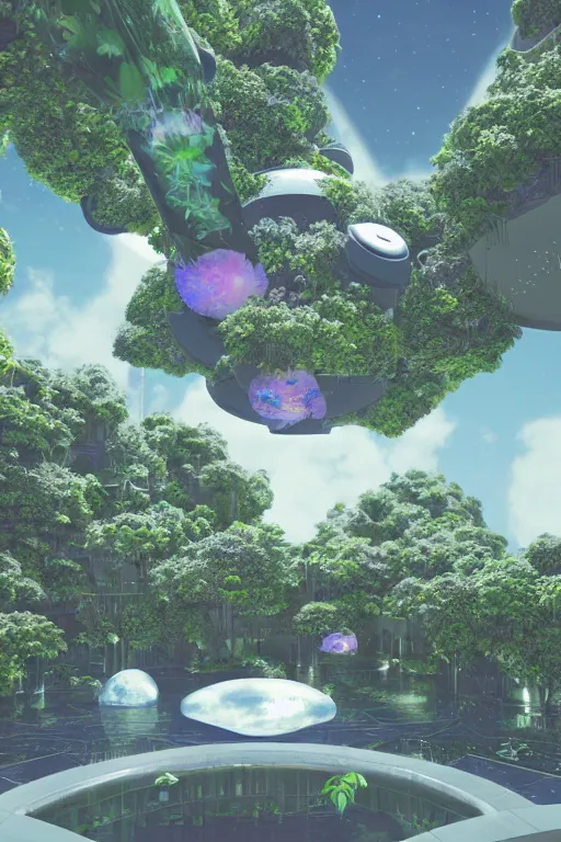 Image similar to multi level botanical garden spaceship floating in space, calm, tranquil, faded effect, detailed, vaporwave colors, render by substance designer