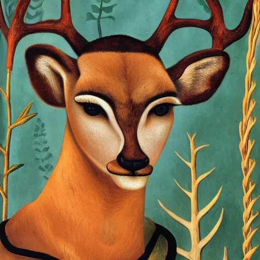 Image similar to a deer with the face of a woman, by frida kahlo