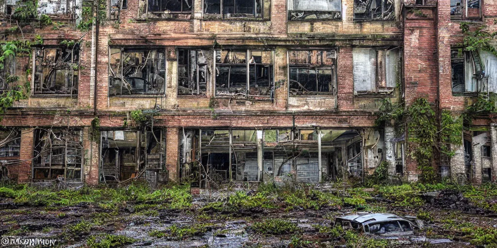 Prompt: an old decayed factory with holes in the roof where rain is leaking and puddles on the floor show reflections of 1 9 0 0's abandoned cars left to rot in an overgrown factory, rusty, moss covered ultra detail, unreal 5