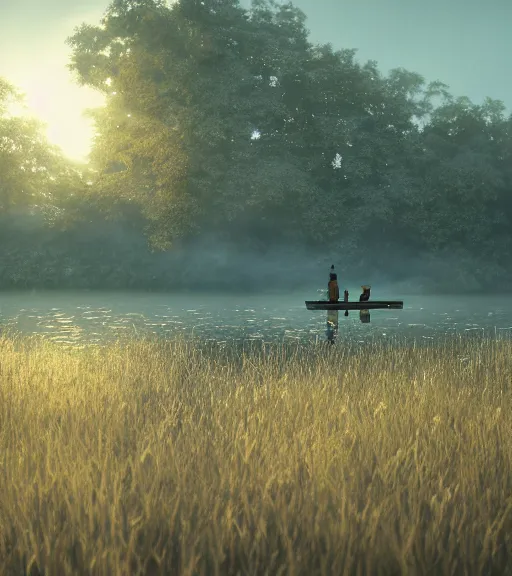 Image similar to three humanswith a reflection of three crows in a boat in a swamp, volumetric lighting, fog, majestic light, octane render, ethereal glare of the sun, hyperrealistic, epic, masterpiece, by makoto shinkai