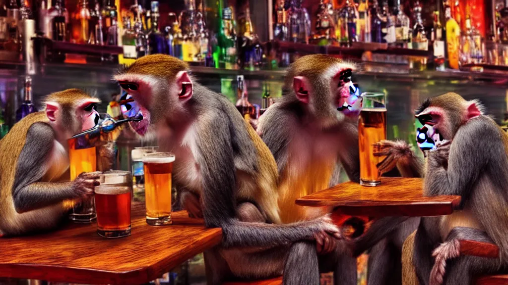 monkeys drinking alcohol, inside a bar, vibrant Stable Diffusion