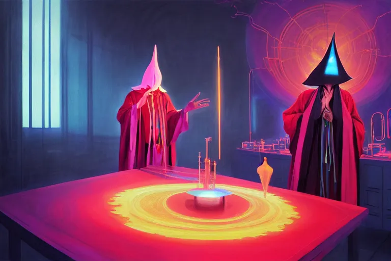 Prompt: A beautiful masterpiece painting of a technomancer wizard in robes with pointed hood discussing sentience with his synthesized Al djinn in his laboratory near a computer (by Remedios Varo and Anato Finnstark and Greg Rutkowski), (dayglo pink, dayglo blue, dazzle camouflage), 8k, trending on ArtStation