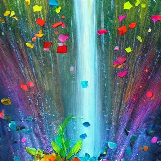 Prompt: waterfall with water full of broken mirror pieces and tiny colorful flower petals, bright saturated colors, scintillating lens flares and colorful sparks, trending on ArtStation, beautiful!!! stunning!!! waterfall, impressionistic oil on canvas