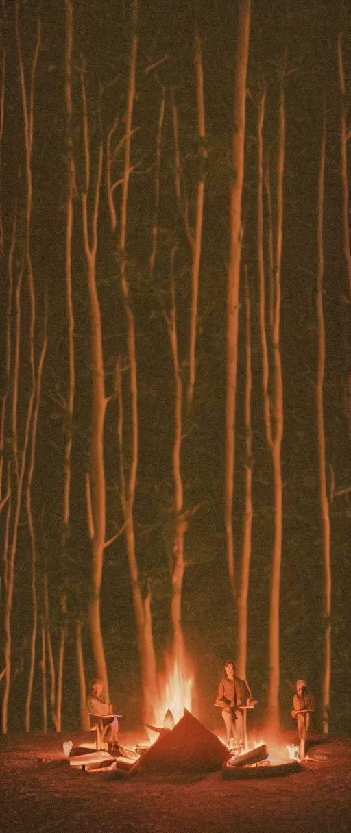 Image similar to Symmetric Wes Anderson film still late at night in forest with campfire. Establishing shot. Architecture. 8k resolution. Pastel. Sharp. Whimsical. Symmetry. Stunning. Poloroid. Film grain. Vintage.