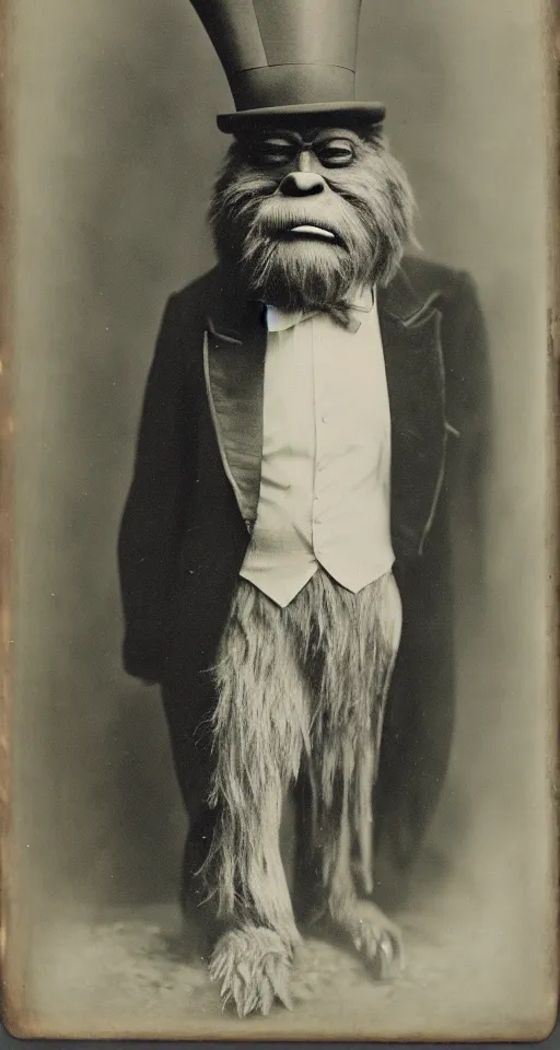 Prompt: a vintage wet plate portrait of a dignified bigfoot with a top hat and cane