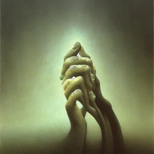 Prompt: hand and arm reaching out of thick fog, zdzislaw beksinski