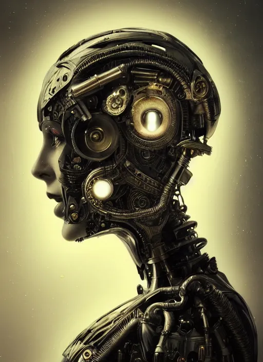 Image similar to a young beautiful female cyborg profile face, by h. r. giger, by ismail inceoglu, by kiki smith, glamor shot, vintage, closeup, f / 2. 8, low contrast, 1 6 k, rim lighting, cinematic lighting, insanely detailed and intricate, hypermaximalist, elegant, ornate, hyper realistic, super detailed