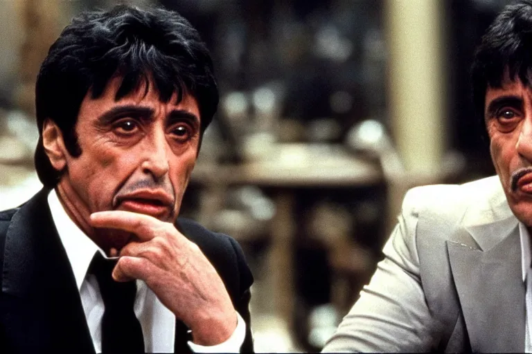Image similar to tony montana from movie scarface 1 9 8 3 sitting behind a big black oak table with big large packages of flour. al pacino. perfect symmetric face, coherent eyes, close up, fine details, 4 k, ron cobb. last scene from scarface movie