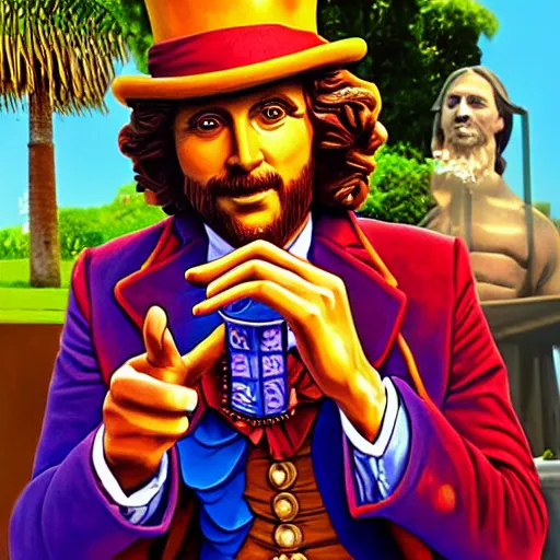Image similar to a huge willy wonka smoking a joint with jesus statue in rio de janeiro award winning, digital art, realistic, hyper detailed