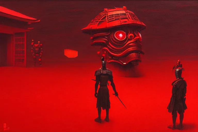 Image similar to only with red, a red cyborg samurai, tokio futuristic in background, some evil yokai fight, in the style of beksinski, parts by edward hopper, parts by rodcenko, parts by yue minjun, intricate and epic composition, red by caravaggio, insanely quality, highly detailed, masterpiece, red light, artstation, 4 k