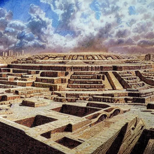 Image similar to An Ancient cybepunk sumerian city , artwork by James Gurney