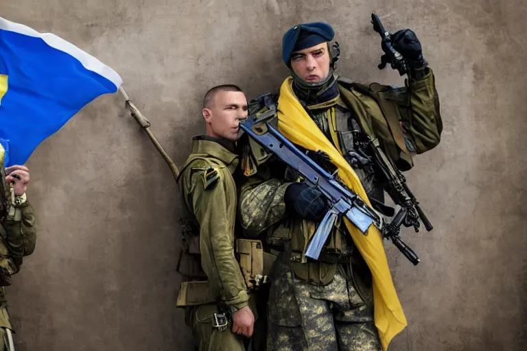 Prompt: promotional image of <Ukrainian fully equiped soldier with blue and yellow flag> as <Professional soldiers> in the new movie directed by <Tetsuya Nomura>, <fully equiped professional soldiers>, detailed face, movie still frame, promotional image, imax 70 mm footage