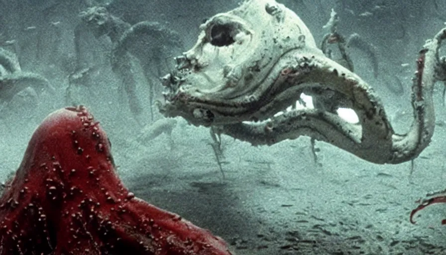 Prompt: Big budget horror movie set in an undersea biolab splattered with blood, where a giant squid attacks a cyborg