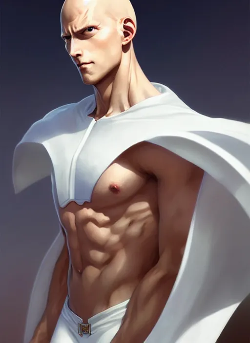 Image similar to ultra realistic illustration, handsome saitama. white cape, intricate, elegant, highly detailed, digital painting, artstation, concept art, smooth, sharp focus, illustration, art by artgerm and greg rutkowski and alphonse mucha and wlop