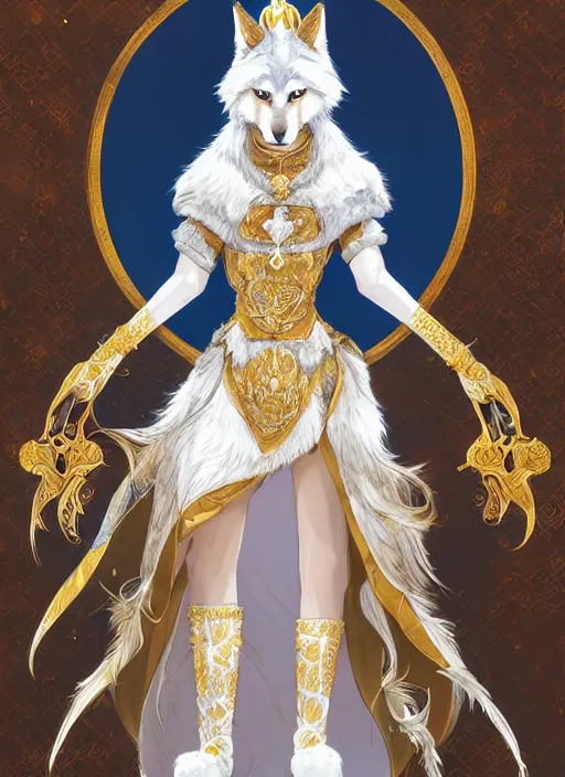 Image similar to commissioned full body furry portrait of a female anthro wolf-headed princess fursona with white hair wearing a white and gold chinese armored dress in a white and gold palace, by a professional manga illustrator, Stanley Artgerm Lau, WLOP, Rossdraws, James Jean, Andrei Riabovitchev, Marc Simonetti, and Sakimichan, trending on artstation