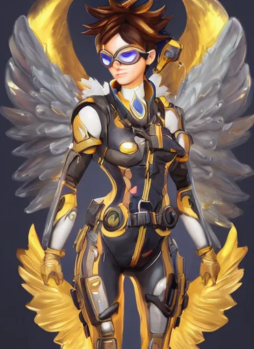 Image similar to full body oil painting of tracer overwatch in the style of artgerm, angel wings, angelic golden armor, dramatic painting, symmetrical composition, ornate, high detail, gold detailed collar!!!!!, blooming, lights, flowers, detailed face,