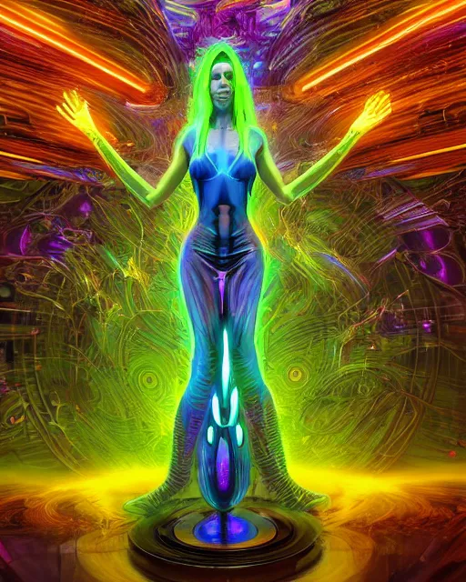 Image similar to a powerful energy psychedelic matrix goddess, by alexander fedosav, hyper detailed digital matte painting, concept art, hyperrealism, 1 6 k resolution, cinema 4 d, 8 k resolution, trending on artstation, behance hd, a masterpiece, by stephan martiniere, particles, cel - shaded, power bright neon energy, by david a. hardy,