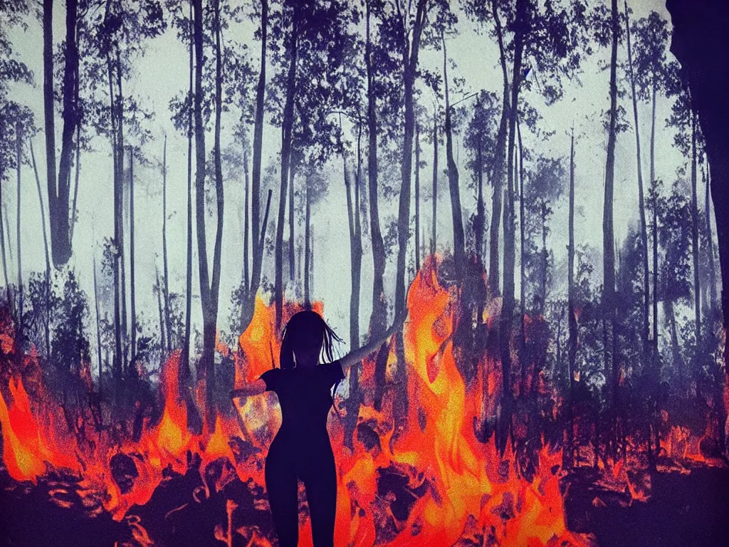 Image similar to “A Tiktok video still of a teenage girl dancing on a balcony, a forest fire in the background, dystopian realm, glitch, texturized, in the style of Harmony Korine”