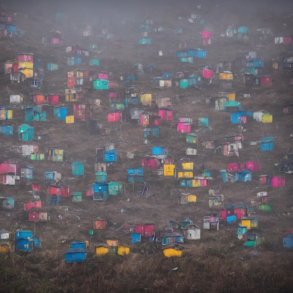 Image similar to two towers, made up of colourful makeshift squatter shacks, uneven dark fog, dystopia, sony a 7 r 3, f 1 1, ultra detailed, photographed by jeanette hagglund