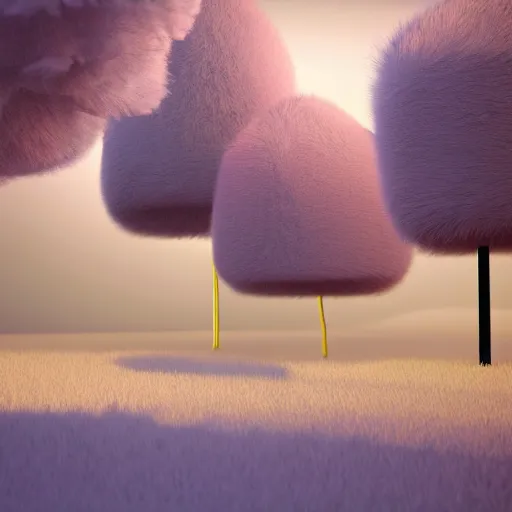 Prompt: Colorful fluffy trees made of fur in a field, Cinema4D render, volumetric lighting