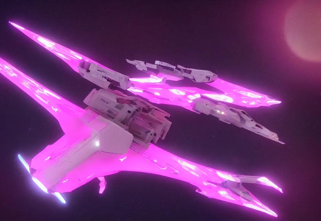 Image similar to a futuristic unicorn pink spaceship made on fiber optic in space, cinematic, unreal engine 5