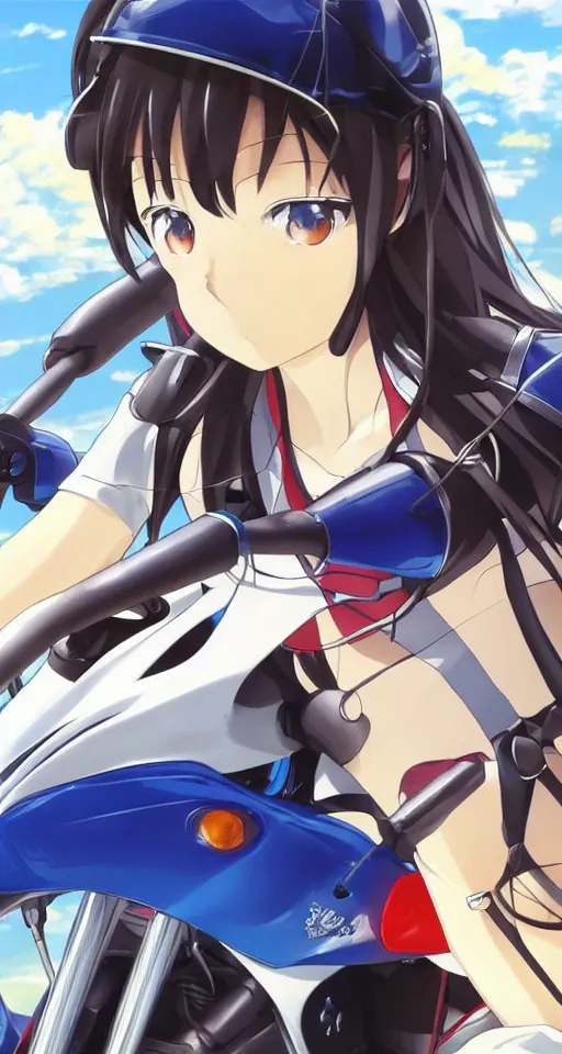 Prompt: close up of a high definition anime girl in a 1998 black Yamaha V80 motorbike with armenia quindio in the background , Artwork by Makoto Shinkai, pixiv, 8k, official media, wallpaper, hd