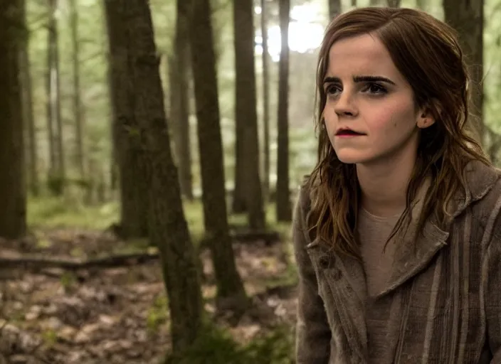 Prompt: still of the emma watson in the blaire witch project movie, night woods, horror