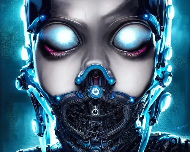 Prompt: funny blue eyes goth queen in cyborg cable suit, intricate abstract. intricate artwork, by tooth wu, wlop, beeple, dan mumford. concept art, octane render, trending on artstation, greg rutkowski very coherent symmetrical artwork. cinematic, key art, hyper realism, high detail, octane render, 8 k, iridescent accents