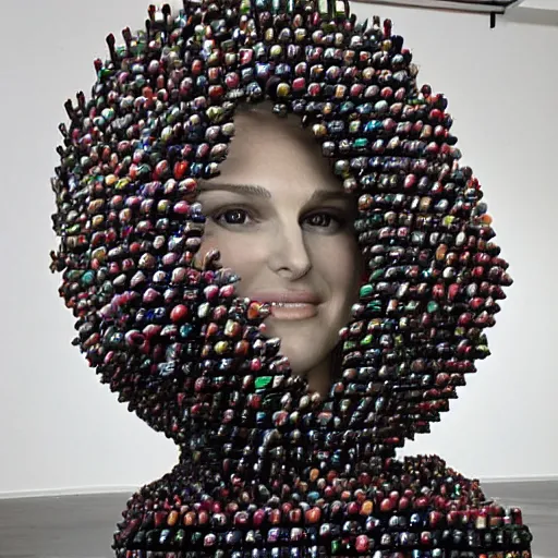 Image similar to natalie portman sculpture made out of wine bottles