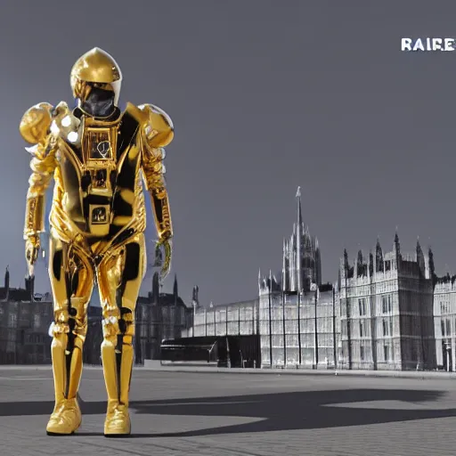 Image similar to the queen in a gold mech suit preparing to fight boris johnson outside of parliament. cinematic lighting. octane render. concept art.