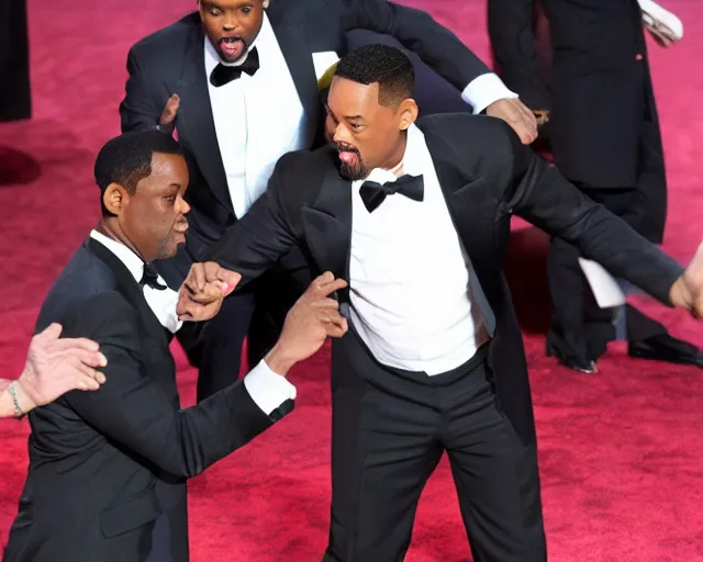 Prompt: will smith throwing axe at chris rock at oscars 4k