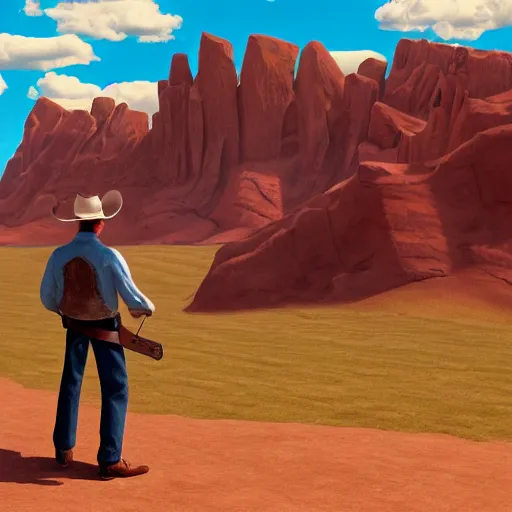 Prompt: cowboy on the range, beautiful New Mexico landscape, Art Deco, cel-shaded, unity, 8k, 4k