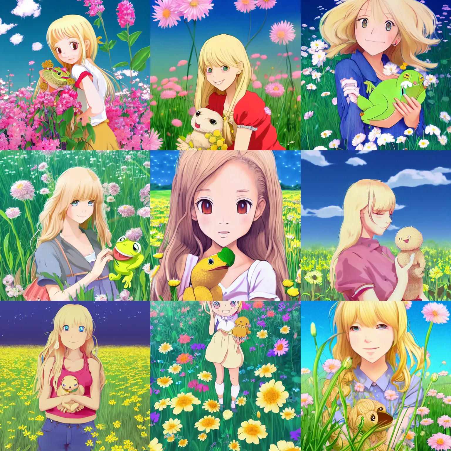 Prompt: illustration of a blonde girl holding a happy frog, in a field of flowers, studio ghibli, disney, anime, digital art, cute, shoujo, trending on artstation, very detailed, realistic anime 4 k