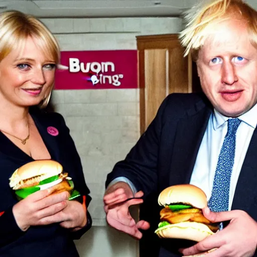 Prompt: boris johnson working at burger king serving liz truss a burger digital art